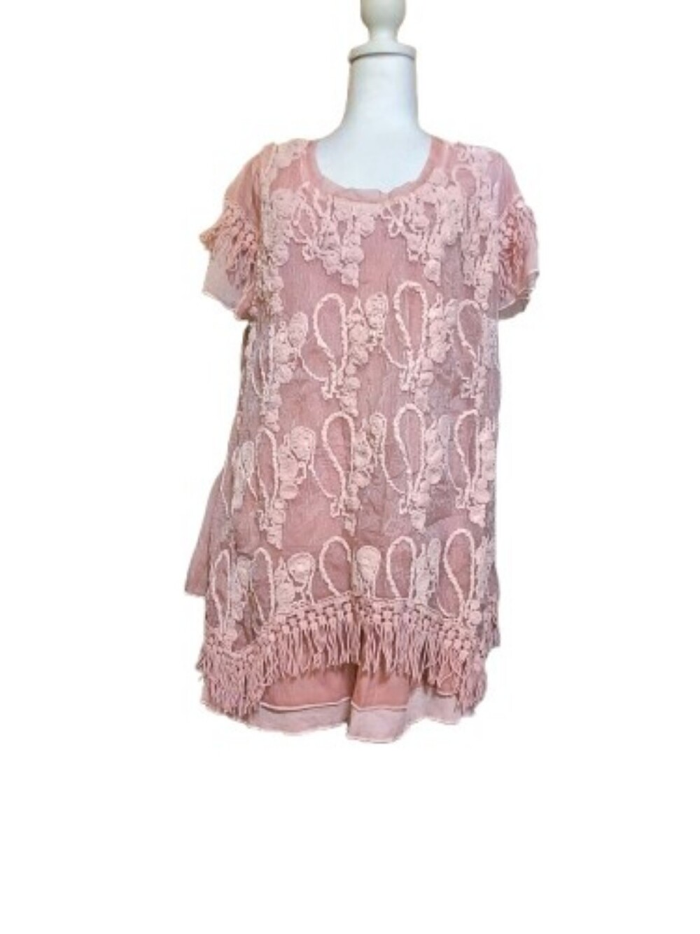 Pretty Angel Pink Boho Tunic Top Fringe Lace Silk Blend L Romantic Boho Festival